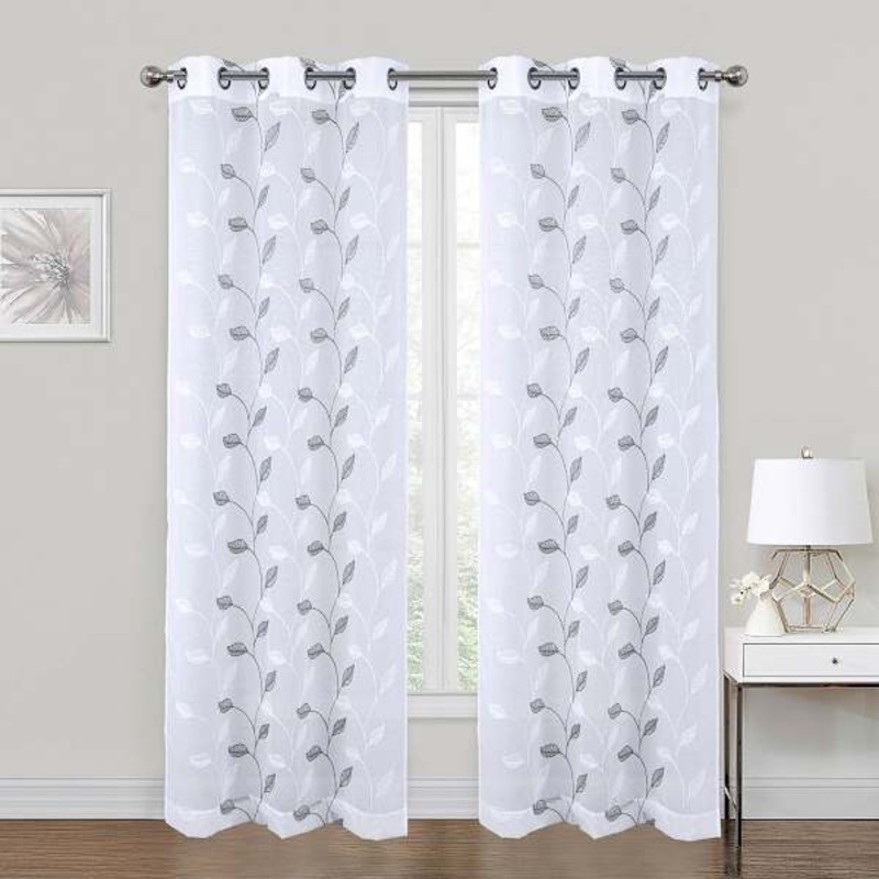 White & Grey Embroidered Sheer Grommet Curtain Panel, 84″