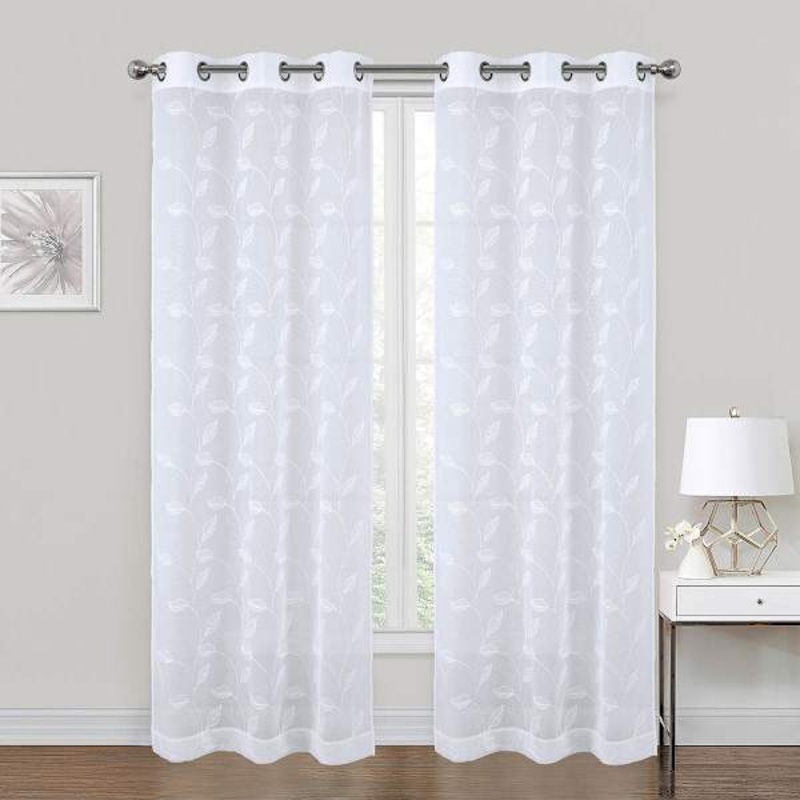 White Willow Embroidered Sheer Grommet Single Curtain Panel, 84″
