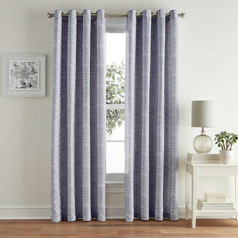 Blue Geo Jacquard Light Filtering Curtain Panel, 84″