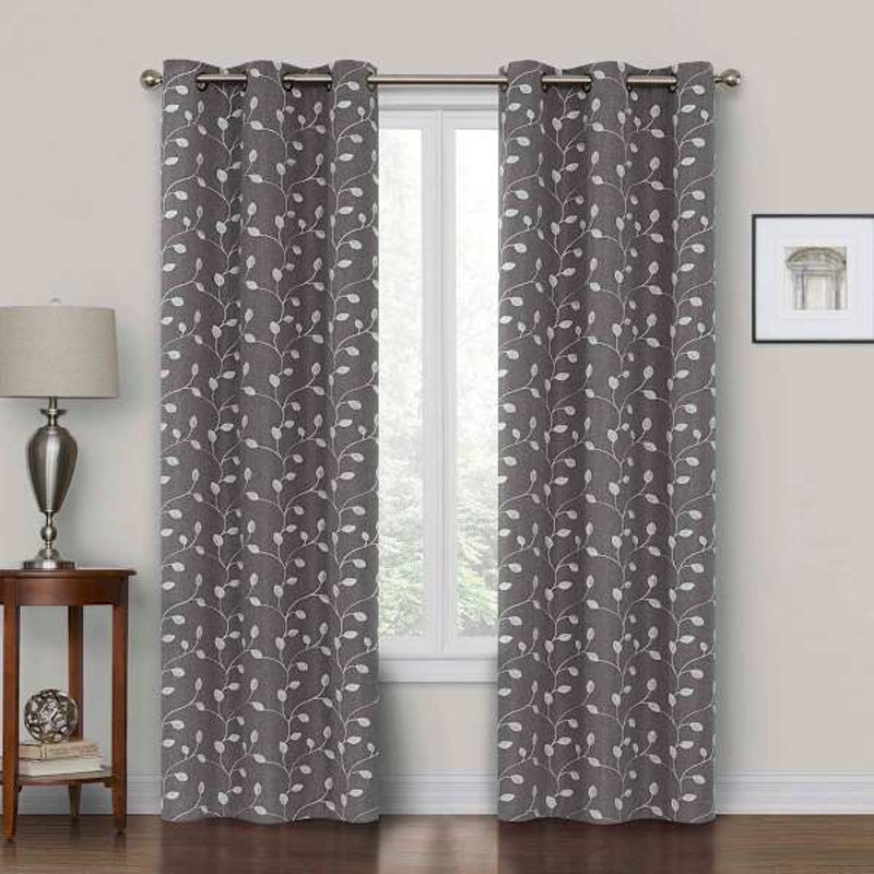 Grey Embroidered Blackout Grommet Curtain Panel, 84″
