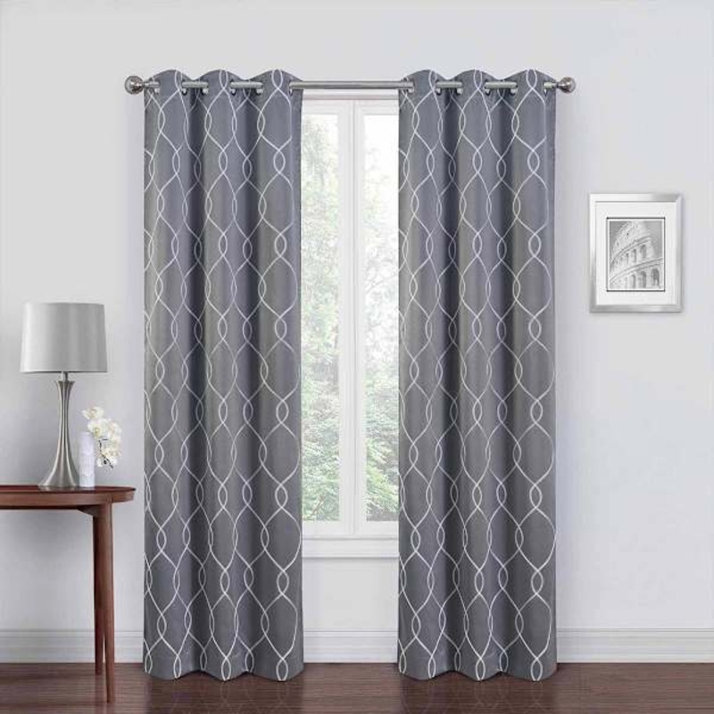 Grey & White Embroidered Blackout Grommet Curtain Panel, 63″