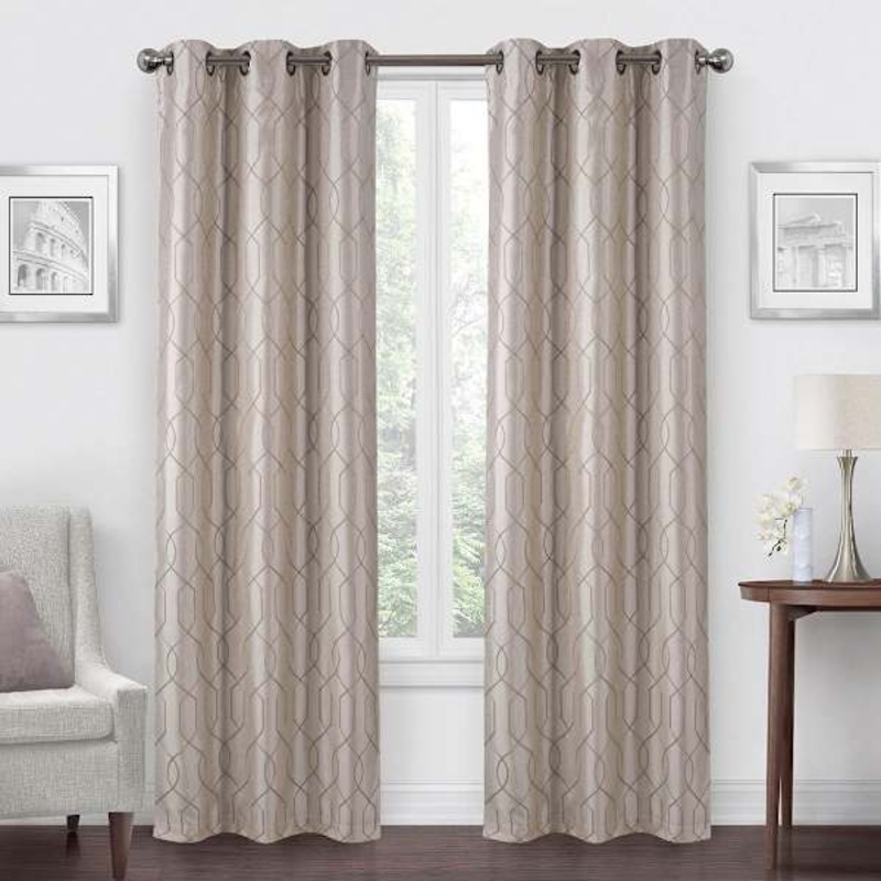 Ivory Linen Faux Silk Embroidered Blackout Grommet Curtain Panel, 84″