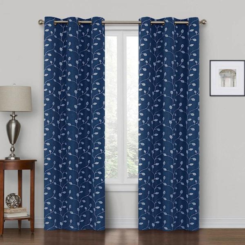 Navy Embroidered Blackout Grommet Curtain Panel, 84″