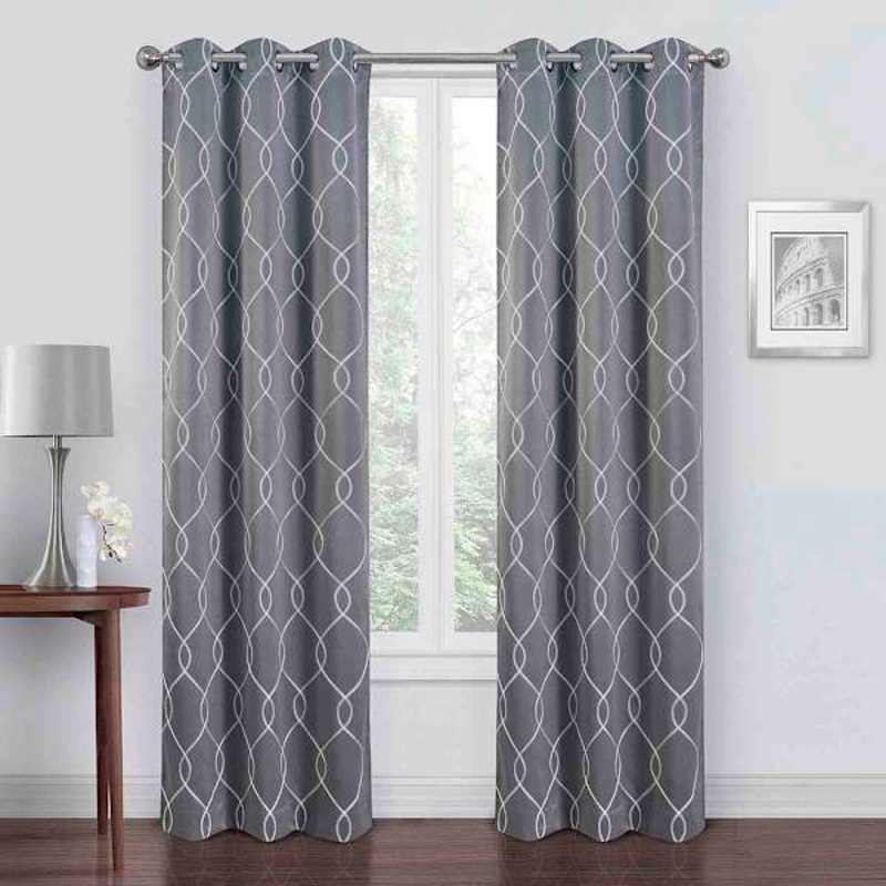 Riley Grey & White Embroidered Blackout Curtain Panel, 84″