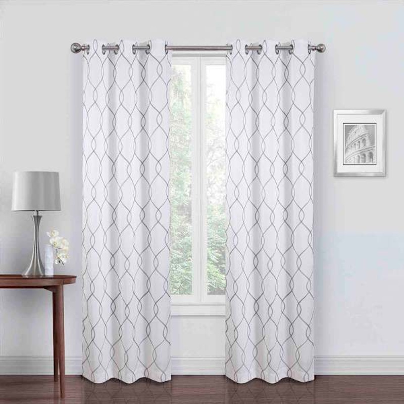 White & Grey Embroidered Blackout Grommet Curtain Panel, 95″