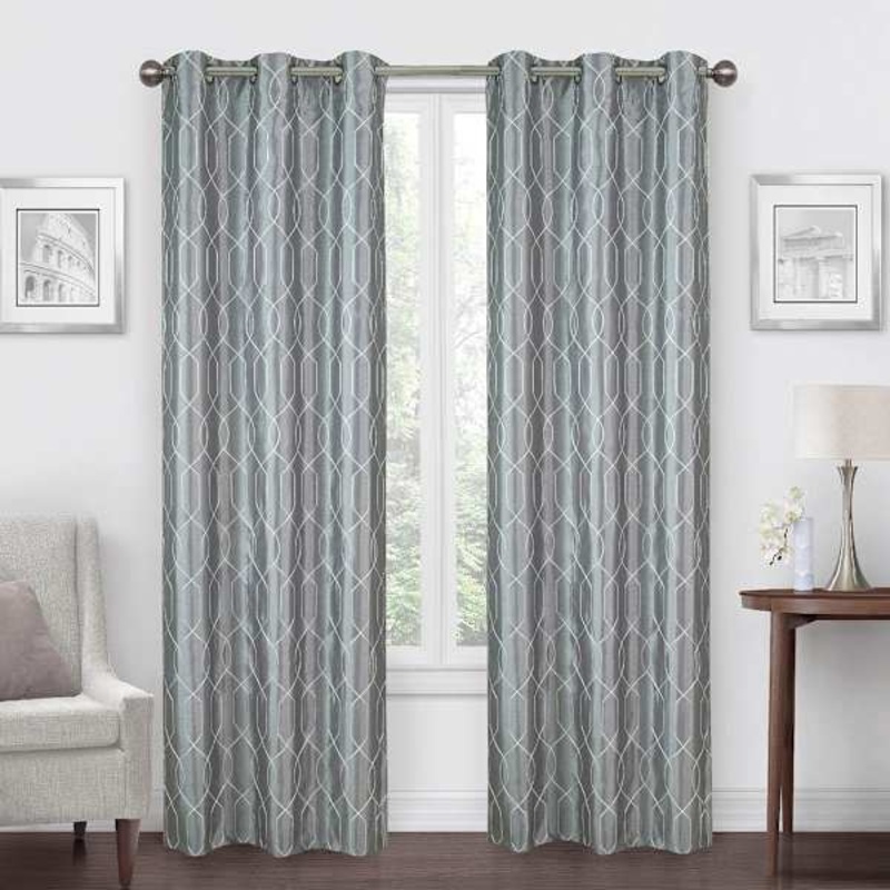 White & Grey Faux Silk Embroidered Blackout Grommet Curtain Panel, 84″