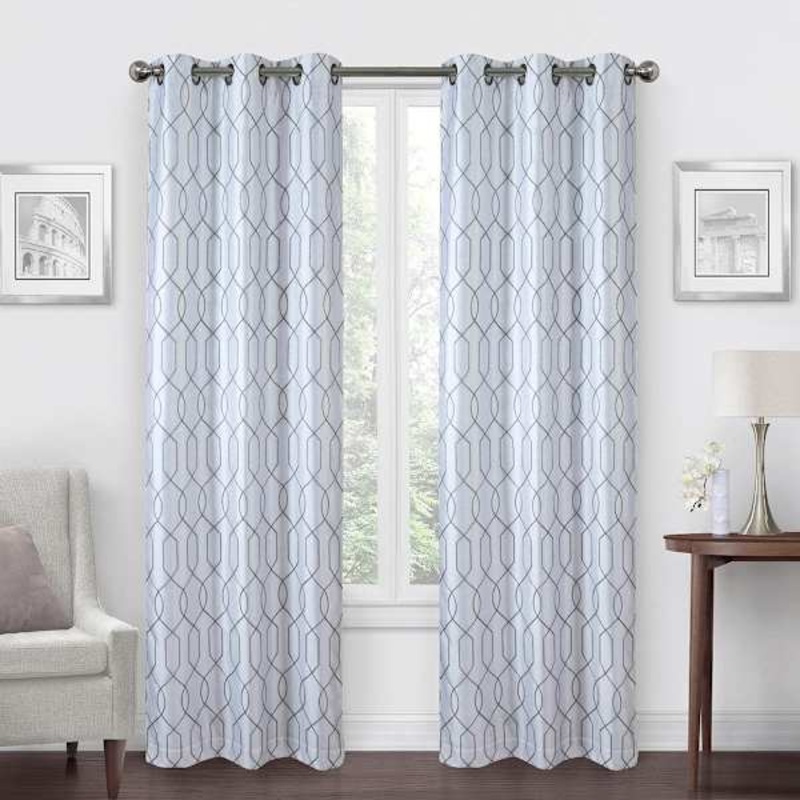 White & Grey Silk Embroidered Blackout Grommet Curtain Panel, 84″