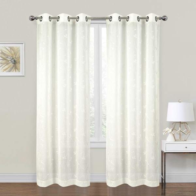 2-Pack Ivory Embroidered Leaf Sheer Grommet Curtain Panels, 84″