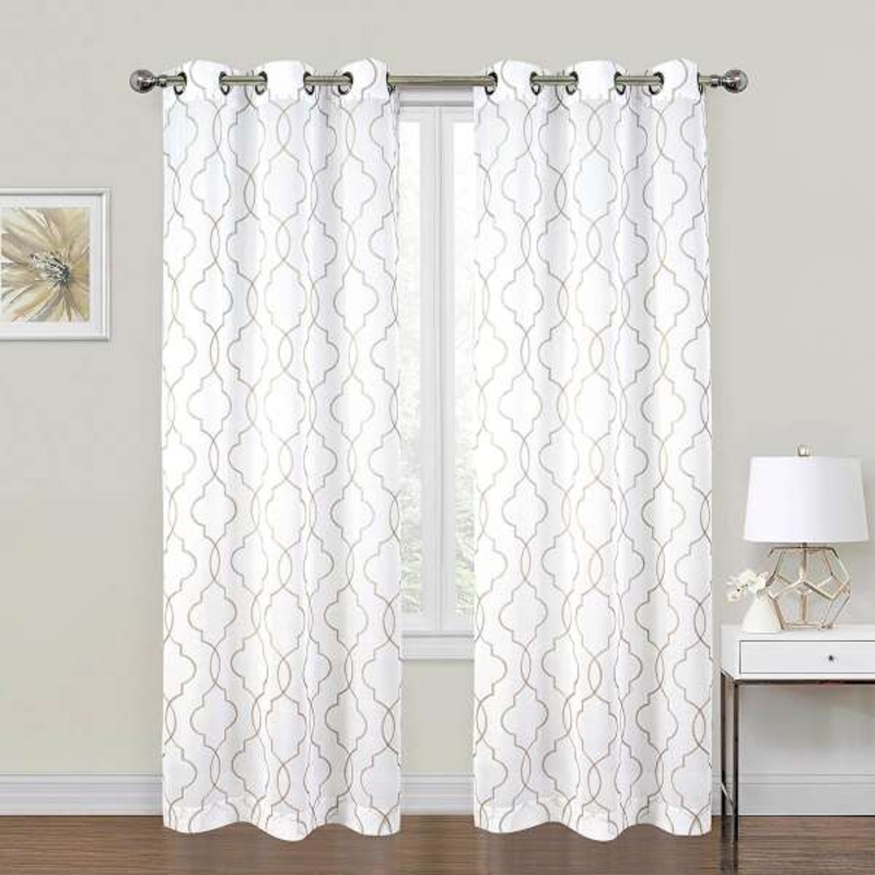 2-Pack Metallic Embroidered Geo White Grommet Curtain Panels, 63″