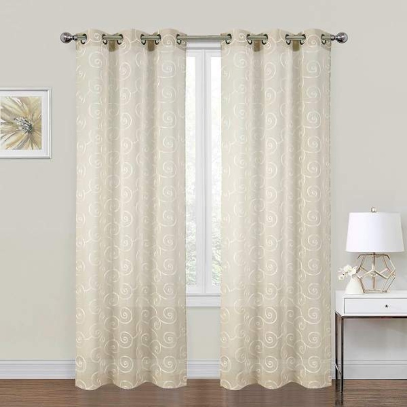 2-Pack Natural Embroidered Scroll Grommet Curtain Panels, 84″