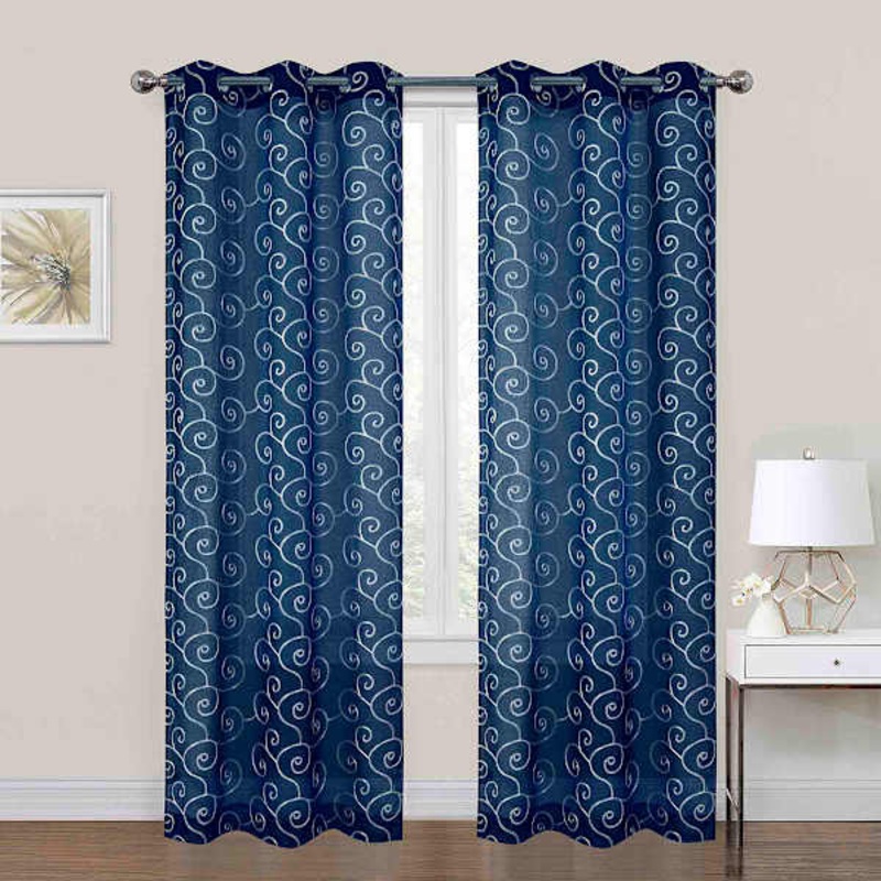 2-Pack Navy Blue Embroidered Scroll Grommet Curtain Panels, 84″