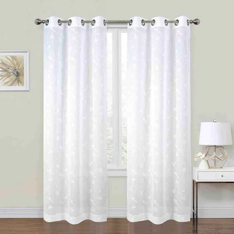 2-Pack White Embroidered Leaf Grommet Curtain Panels, 95″