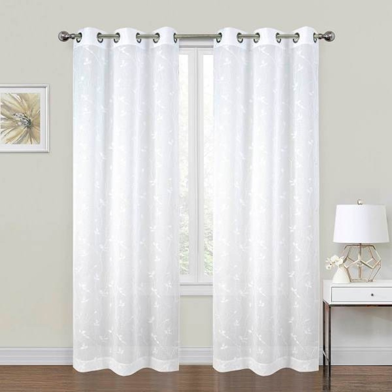 2-Pack White Embroidered Leaf Sheer Grommet Curtain Panels, 84″