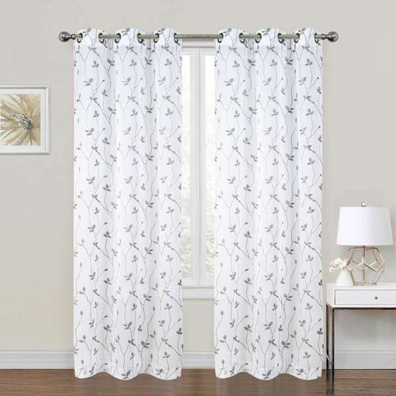 2-Pack White & Grey Embroidered Leaf Grommet Curtain Panels, 95″