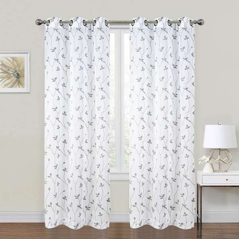 2-Pack White & Grey Embroidered Leaf Sheer Grommet Curtain Panels, 84″