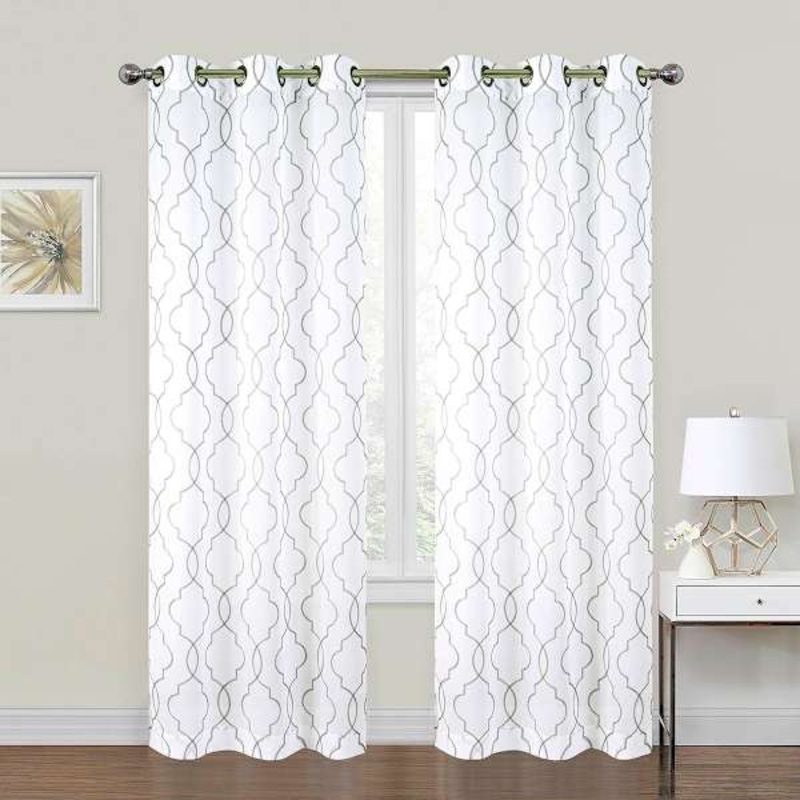 2-Pack White & Grey Metallic Embroidered Geo Grommet Curtain Panels, 84″