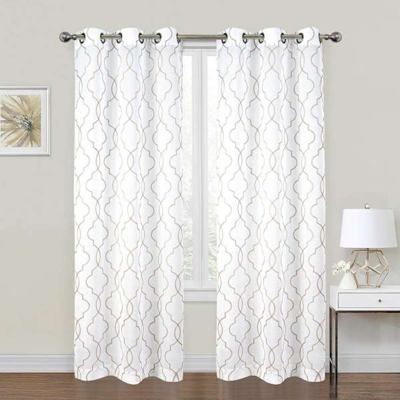 2-Pack White & Linen Metallic Embroidered Geo Grommet Curtain Panels, 84″