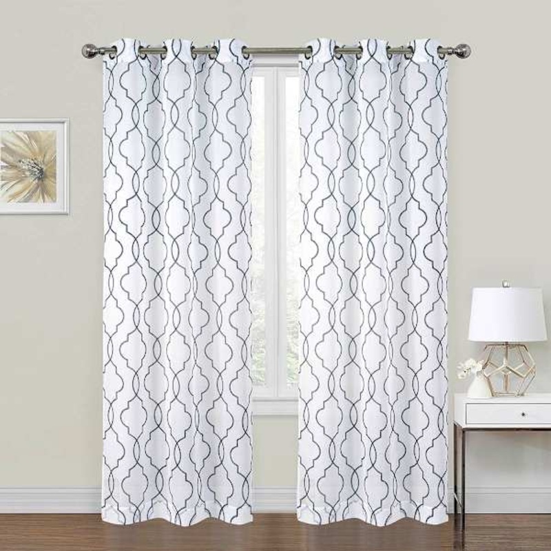 2-Pack White & Navy Metallic Embroidered Geo Grommet Curtain Panels, 84″
