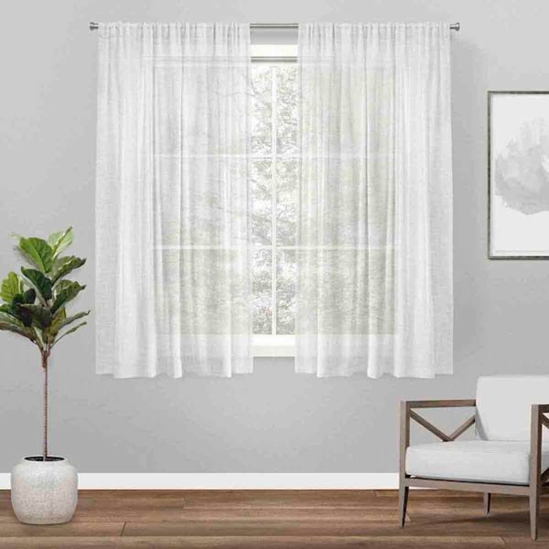 Belgian White Linen Rod Pocket Sheer Grommet Curtain Panel, 63″
