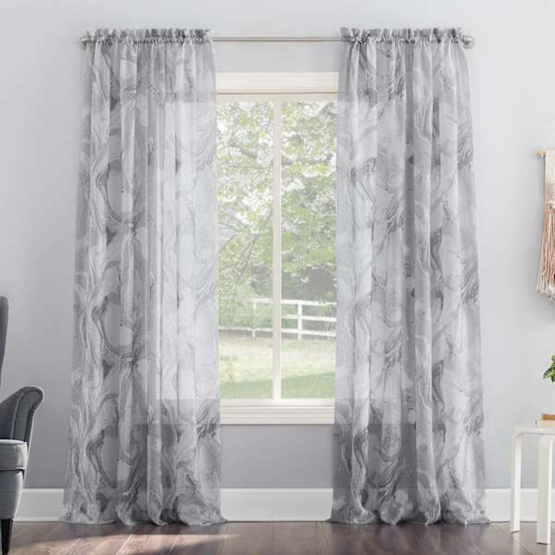 Carrara Grey Marbled Print Rod Pocket Sheer Curtain Panel, 84″