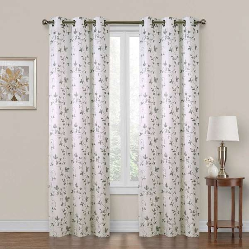 Chatham Grey Embroidered Sheer Grommet Curtain Panel, 84″