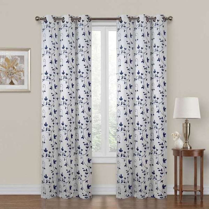 Chatham Navy Embroidered Sheer Grommet Curtain Panel, 84″