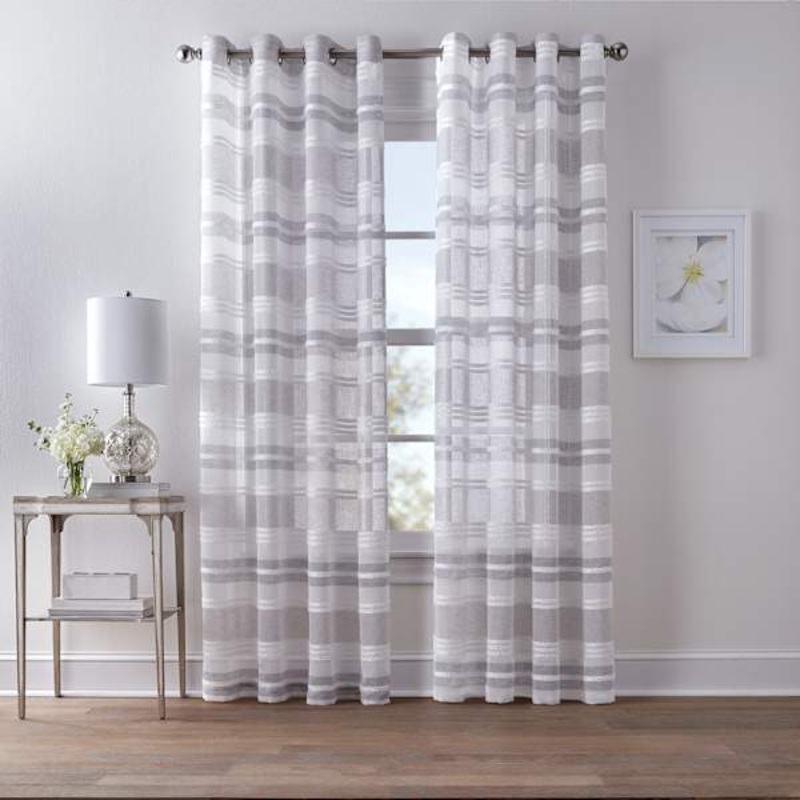 Dakota Light Grey Textured Striped Sheer Grommet Curtain Panel, 63″