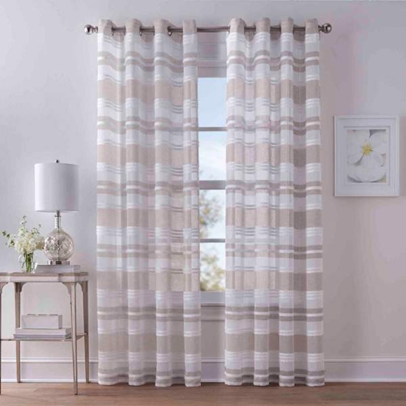 Dakota Taupe Tufted Striped Sheer Grommet Curtain Panel, 84″