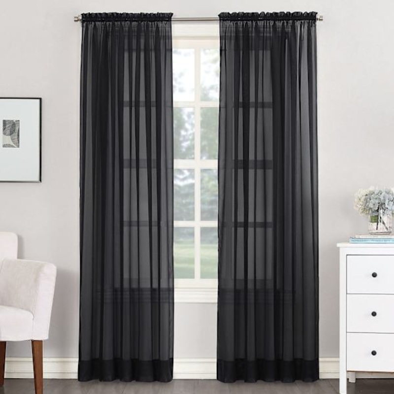 Emily Black Rod Pocket Sheer Voile Curtain Panel, 84″