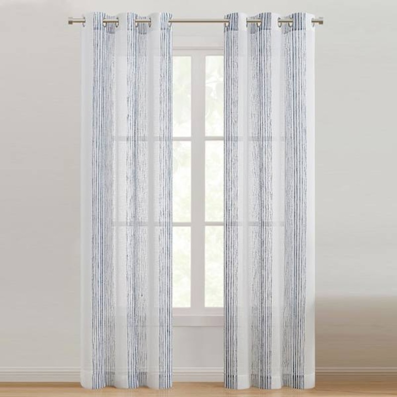 Georgetown Blue & White Grommet Printed Striped Sheer Curtain Panel, 84″