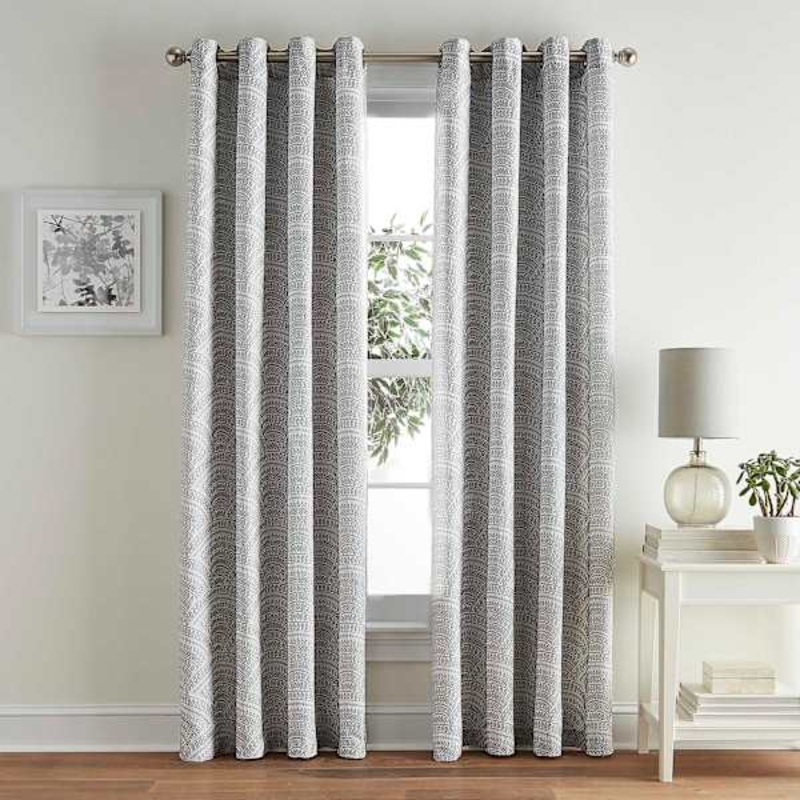 Grey Geometric Jacquard Light Filtering Grommet Curtain Panel, 84″