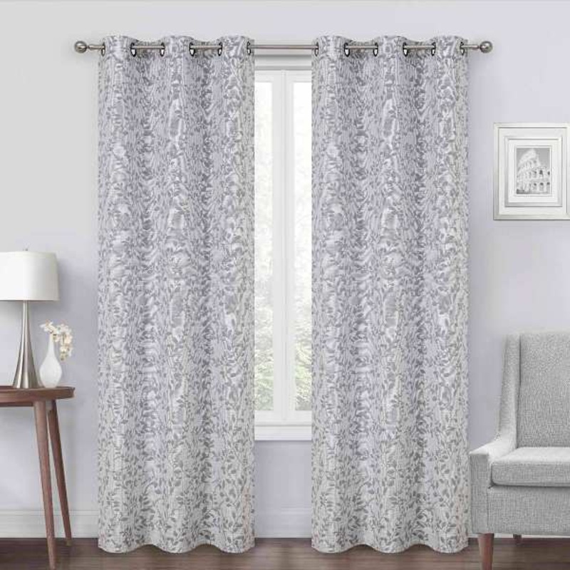 Grey Leaf Jacquard Light Filtering Grommet Curtain Panel, 95″