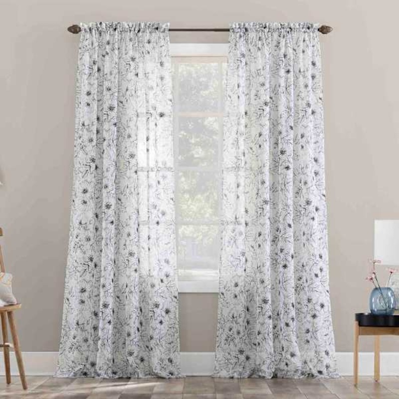 Grey & White Poppy Print Rod Pocket Sheer Curtain Panel, 84″