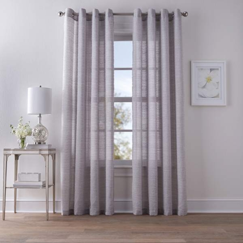 Maya Light Grey Fringe Striped Sheer Grommet Curtain Panel, 84″
