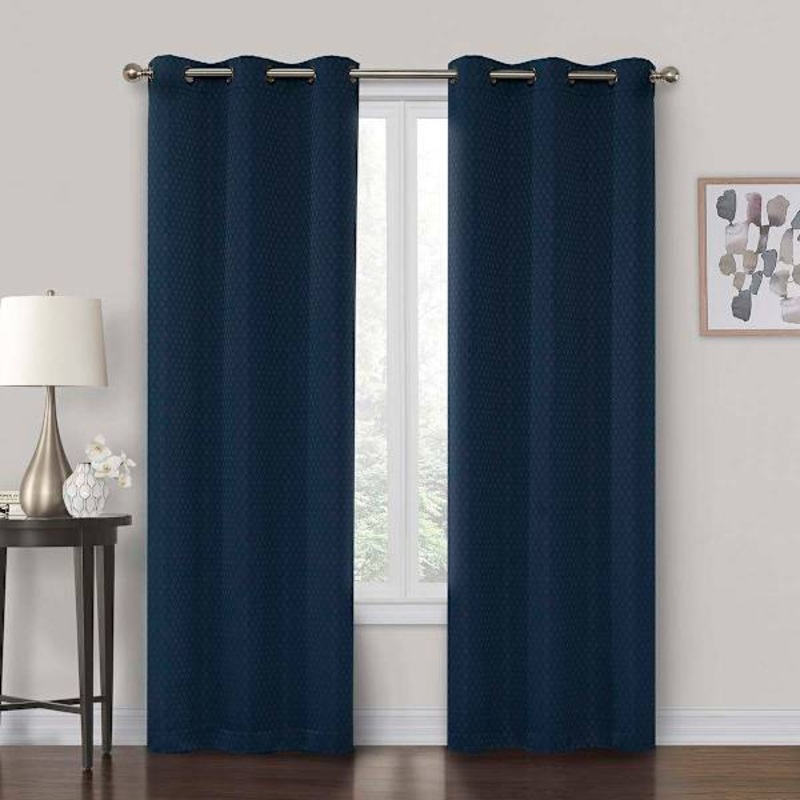 Navy Shrink Yarn Light Filtering Grommet Curtain Panel, 84″