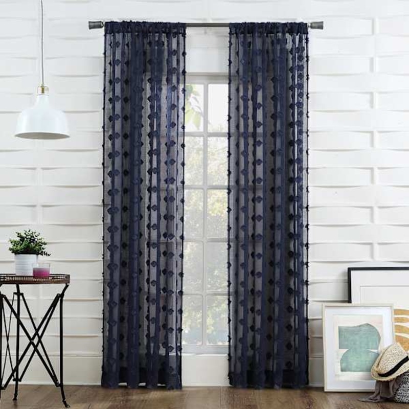 Peren Indigo Clipped Rod Pocket Sheer Curtain Panel, 84″