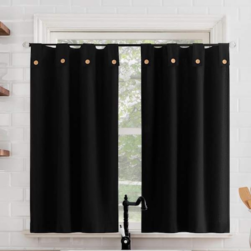 Black Small Tiered Window Curtain Panel Set with Buttons, 54×36