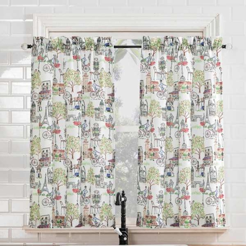 Bonjour White Floral Small Tiered Window Curtain, 54×36