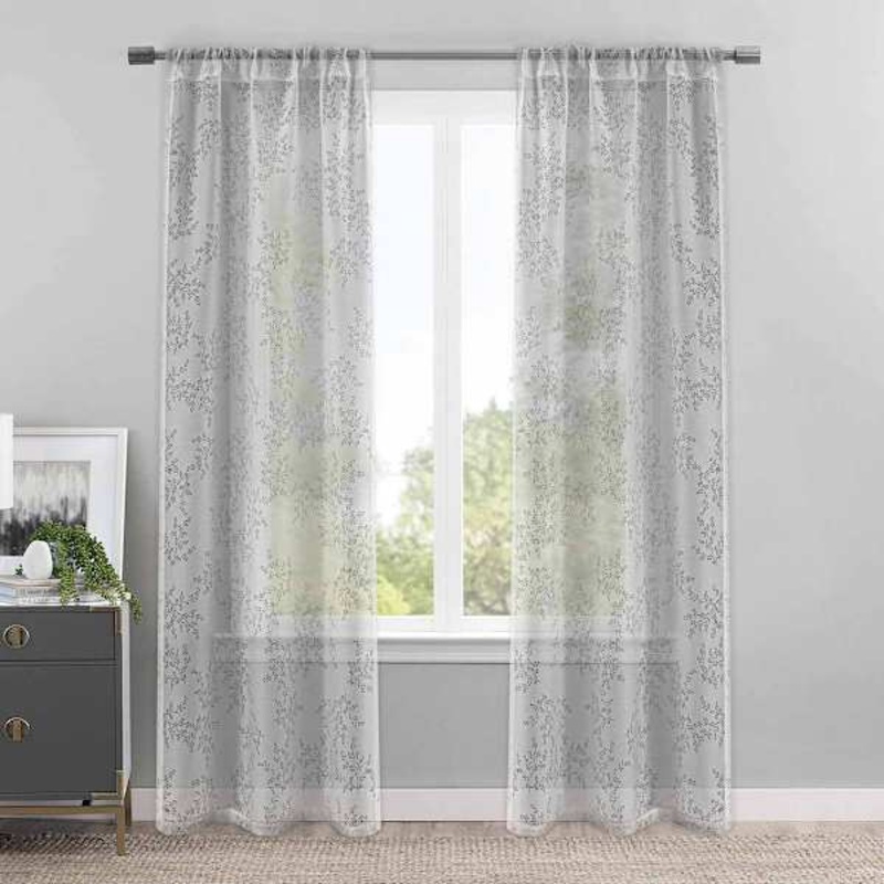 Grey Botanical Leaf Burnout Sheer Curtain Panel, 84″