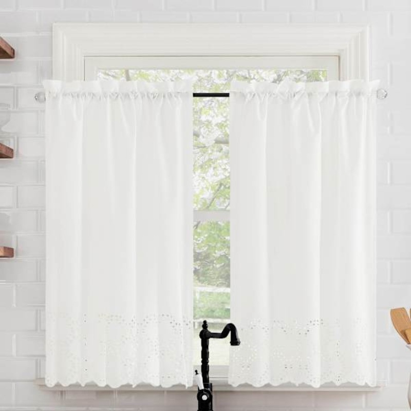 Hilda White Small Tiered Window Curtian Panel, 54×36