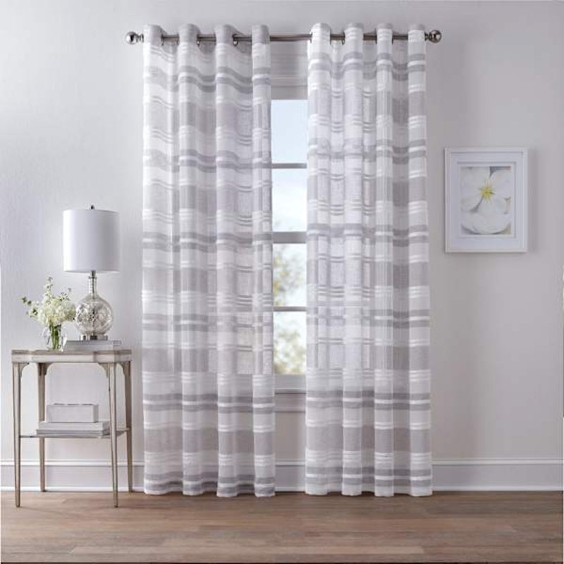 Light Grey Striped Textured Sheer Grommet Curtain Panel, 84″