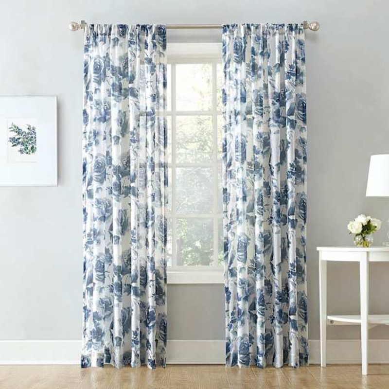 Sheena Indigo Floral Print Rod Pocket Sheer Curtain Panel, 84″