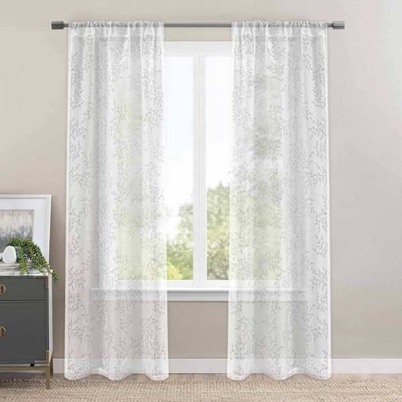 White Botanical Leaf Burnout Sheer Curtain Panel, 84″