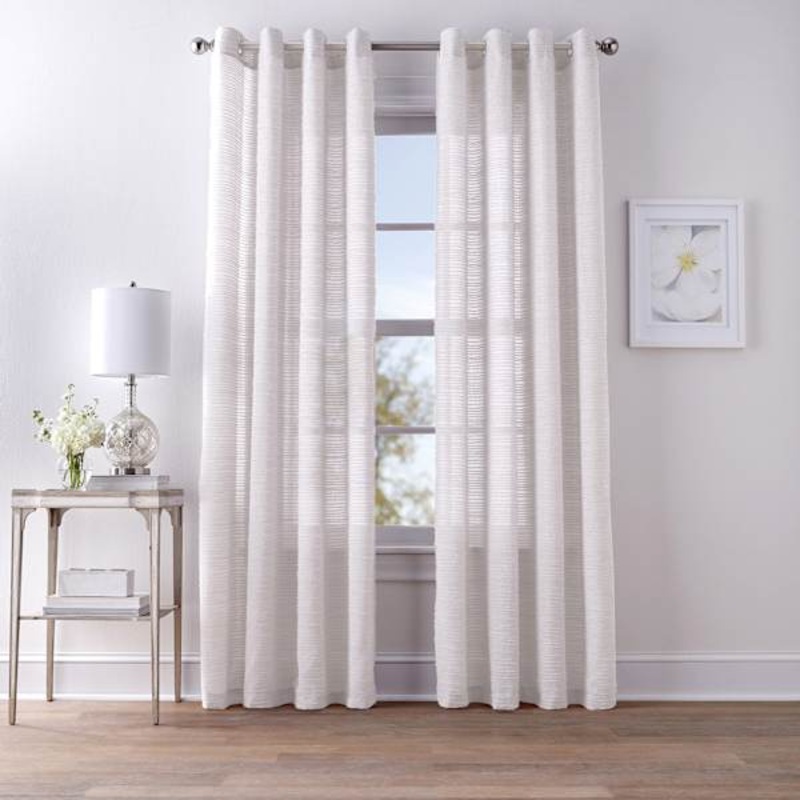 White Fringe Striped Sheer Grommet Curtain Panel, 84″