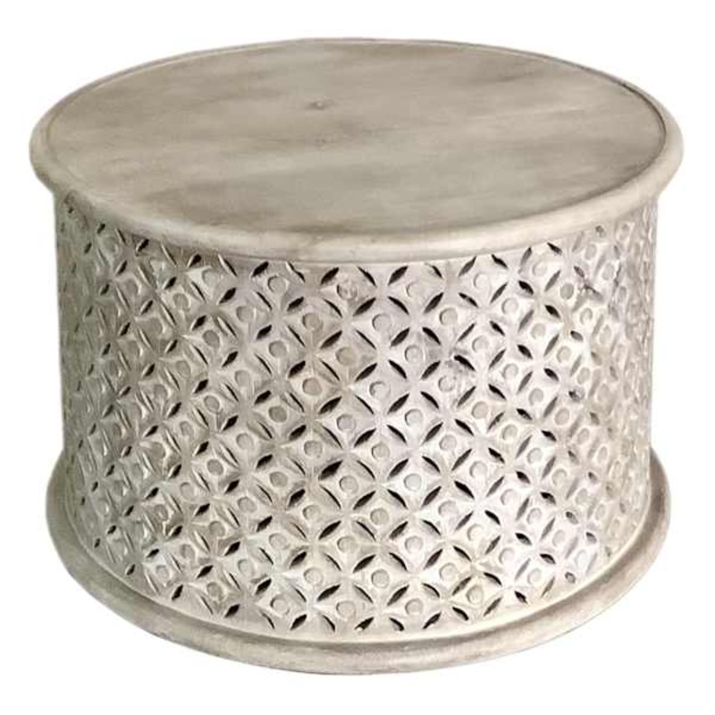 Wooden Cutout Drum Coffee Table, White Washed Finish