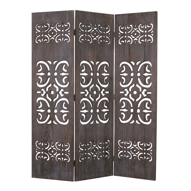 Shinto Washed Gray Carved Wood 3 Panel Folding Screen