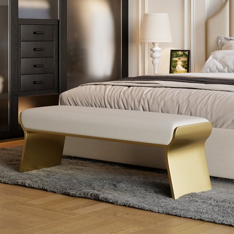 Upart Beige Modern Stainless Steel Bench Leath-Aire Upholstered Bedroom 63″ Long Bench