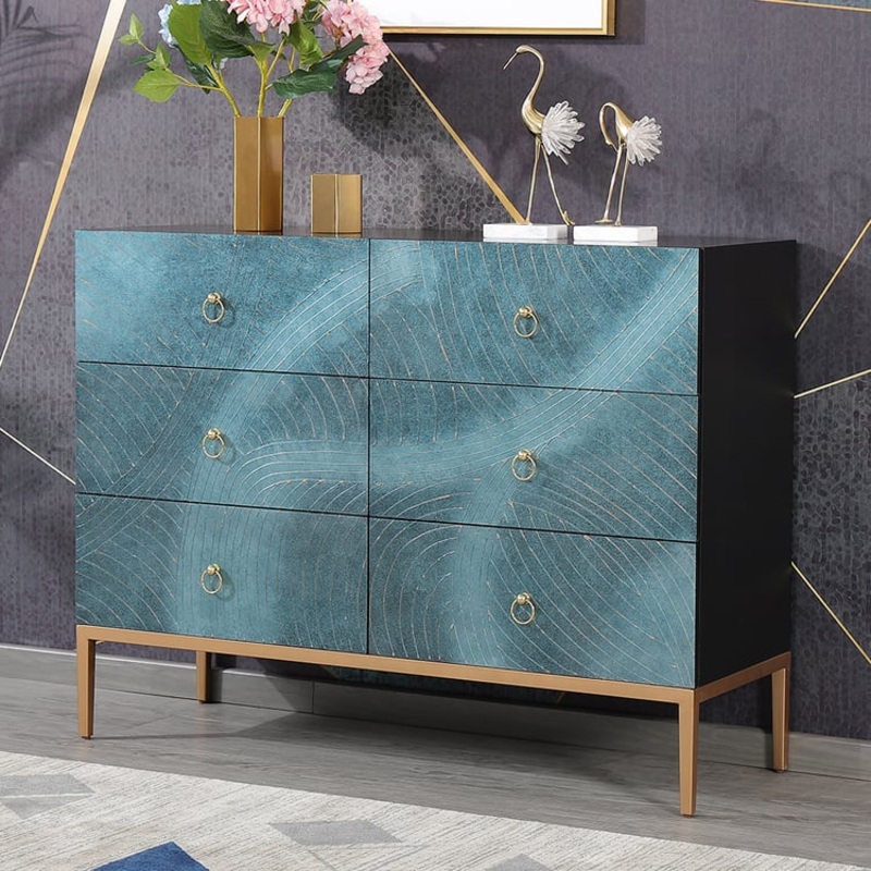 47″ Blue-Green Dresser Artistic 6-Drawer Bedroom Cabinet in Gold