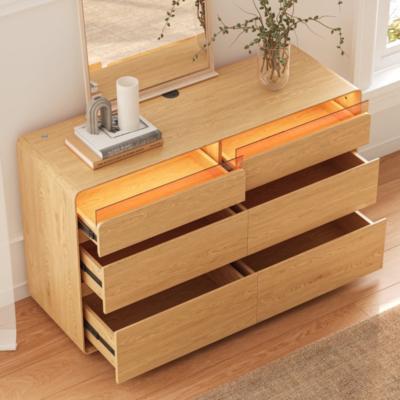 47″ Wooden 6-Drawer LED Dresser with Charging Station