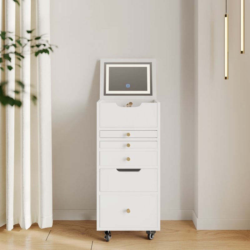 5-Drawer Beauty Cart Dresser with LED Mirror & Jewelry Storage
